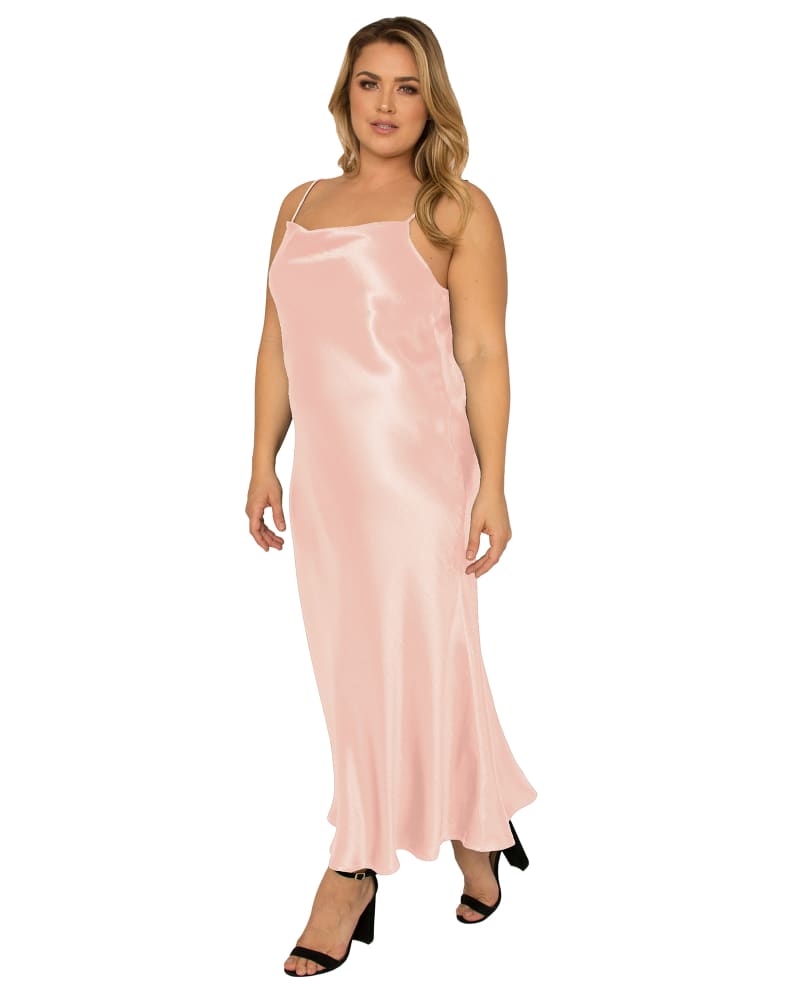 Front of a model wearing a size L Drea Cowlneck Satin Midi Slip Dress in Rose Pink by Standards & Practices. | dia_product_style_image_id:276272